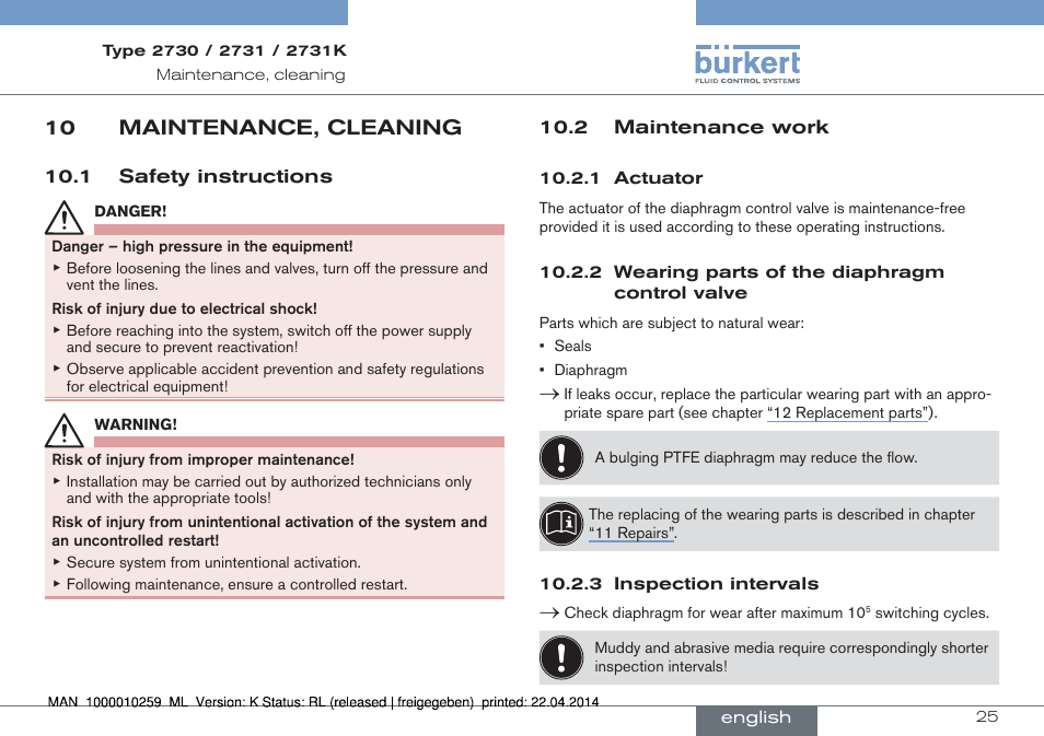 10 maintenance, cleaning, 1 safety instructions 10.2 maintenance work | Burkert Type 2731 User Manual | Page 25 / 88