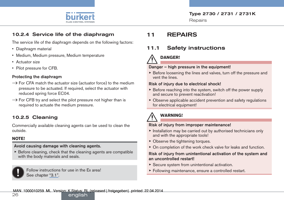 11 repairs, 1 safety instructions | Burkert Type 2731 User Manual | Page 26 / 88