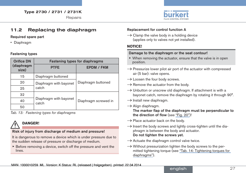 2 replacing the diaphragm | Burkert Type 2731 User Manual | Page 27 / 88