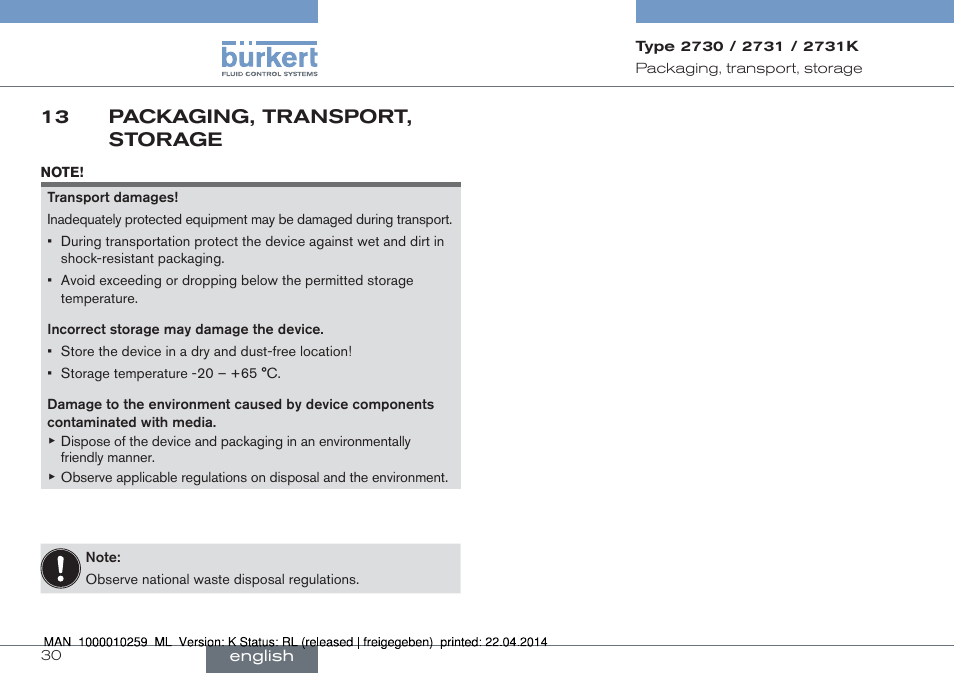 13 packaging, transport, storage | Burkert Type 2731 User Manual | Page 30 / 88