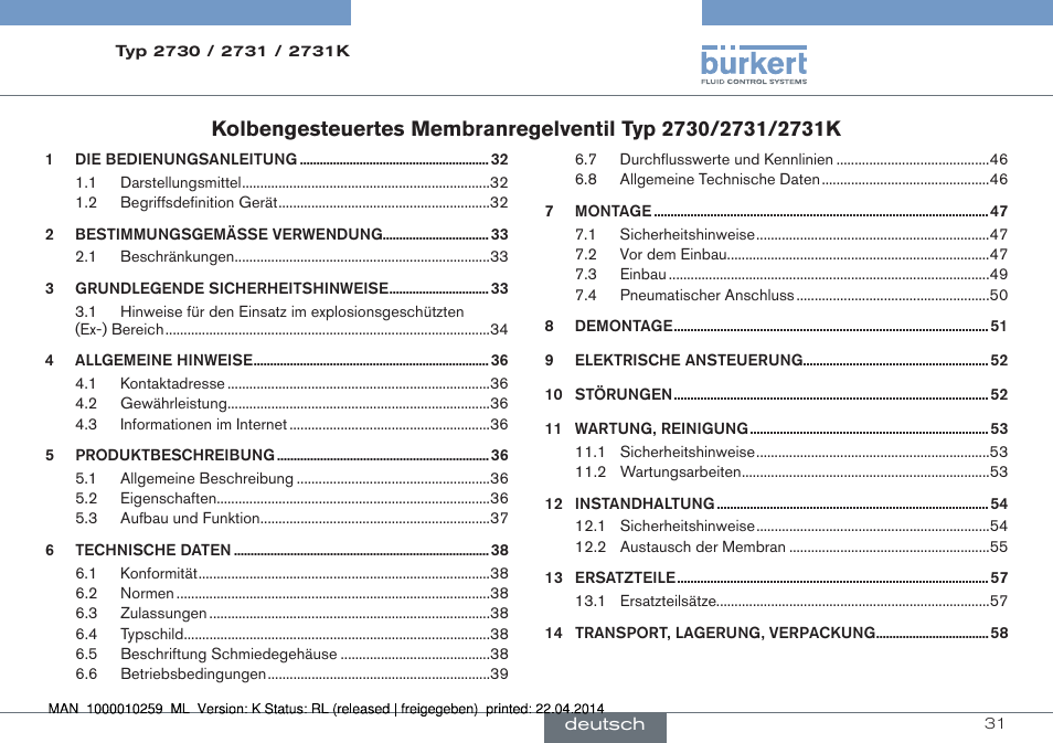 Deutsch | Burkert Type 2731 User Manual | Page 31 / 88