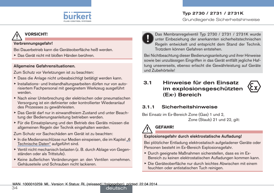 Ex-) bereich | Burkert Type 2731 User Manual | Page 34 / 88