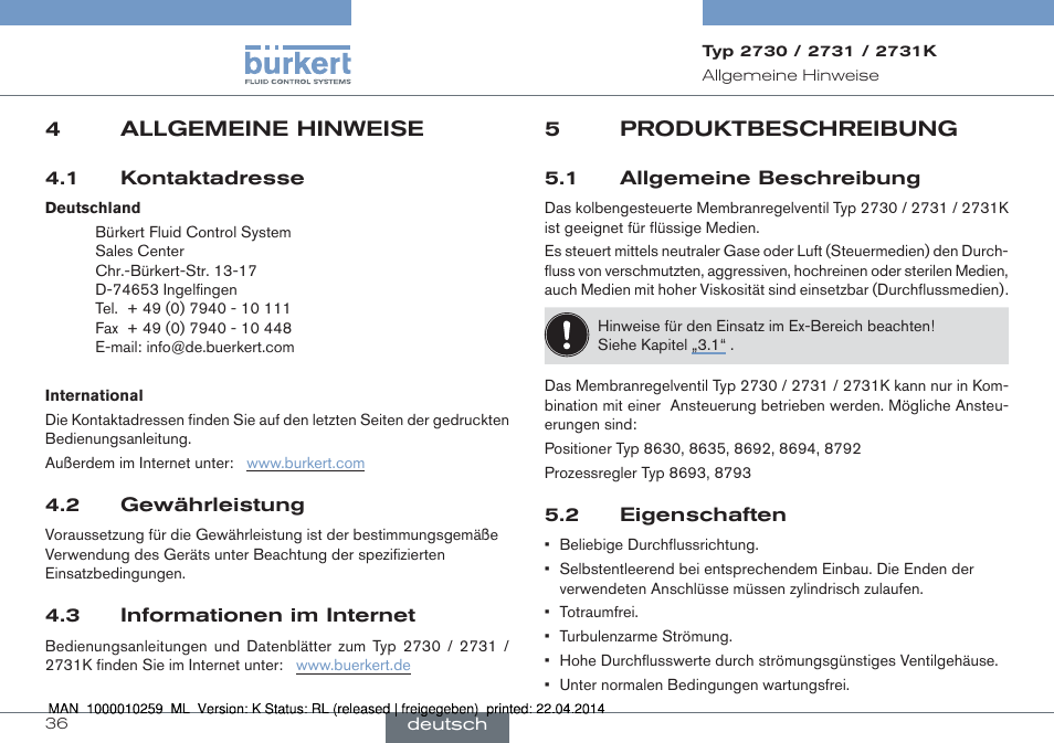 4 allgemeine hinweise, 5 produktbeschreibung, 1 allgemeine beschreibung 5.2 eigenschaften | Burkert Type 2731 User Manual | Page 36 / 88