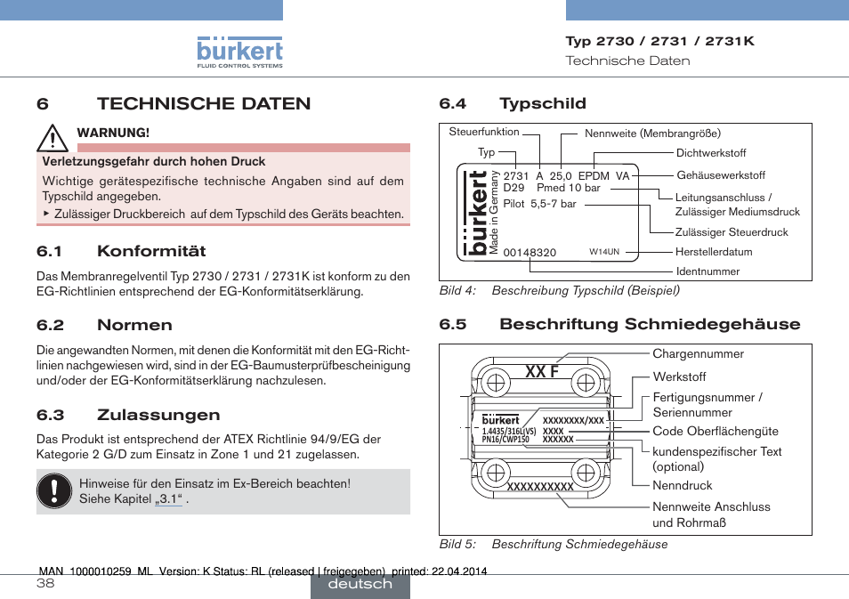 6 technische daten, Xx f, 6technische daten | Burkert Type 2731 User Manual | Page 38 / 88
