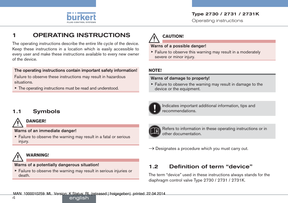 1 operating instructions, 1 symbols 1.2 definition of term “device, 1operating instructions | Burkert Type 2731 User Manual | Page 4 / 88