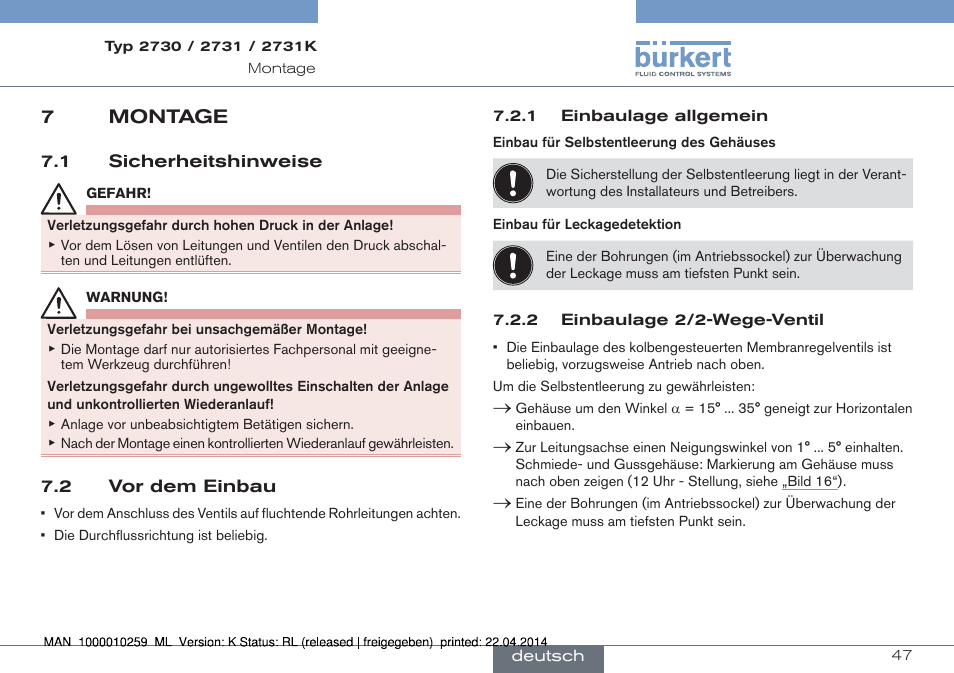 7 montage, 1 sicherheitshinweise 7.2 vor dem einbau, 7montage | Burkert Type 2731 User Manual | Page 47 / 88