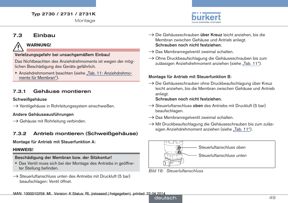 3 einbau | Burkert Type 2731 User Manual | Page 49 / 88