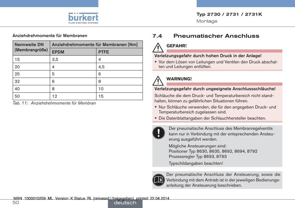 4 pneumatischer anschluss, Mente für membran“), Sigen anziehdrehmoment anziehen (siehe „tab. 11“) | Burkert Type 2731 User Manual | Page 50 / 88