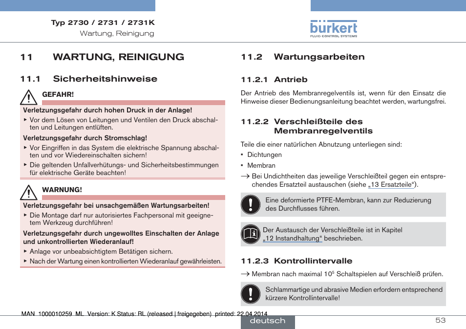 11 wartung, reinigung, 1 sicherheitshinweise 11.2 wartungsarbeiten | Burkert Type 2731 User Manual | Page 53 / 88