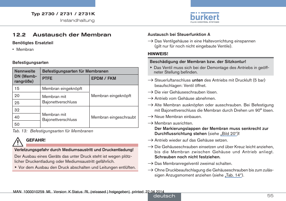 2 austausch der membran | Burkert Type 2731 User Manual | Page 55 / 88