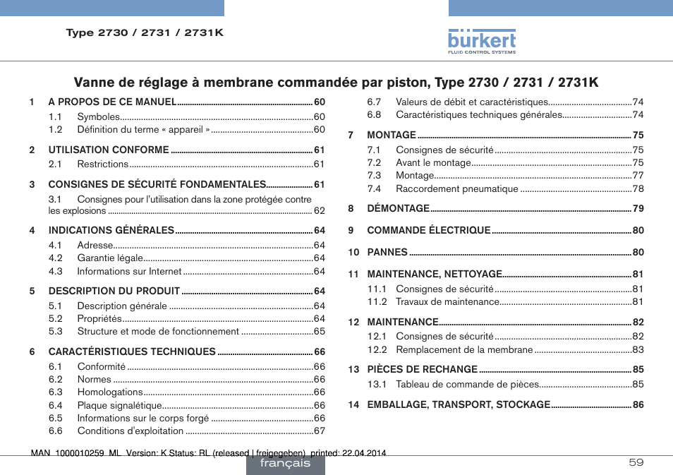 Français | Burkert Type 2731 User Manual | Page 59 / 88