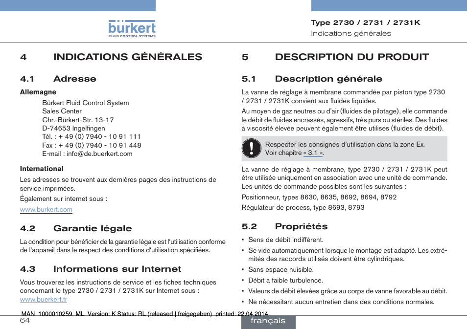 4 indications générales, 5 description du produit, 1 description générale 5.2 propriétés | Burkert Type 2731 User Manual | Page 64 / 88