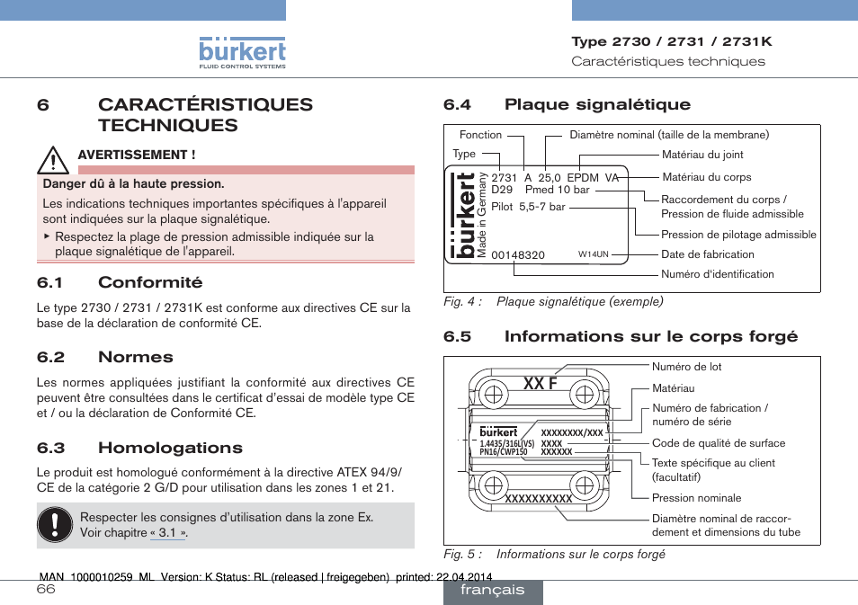 6 caractéristiques techniques, Xx f, 6caractéristiques techniques | Burkert Type 2731 User Manual | Page 66 / 88