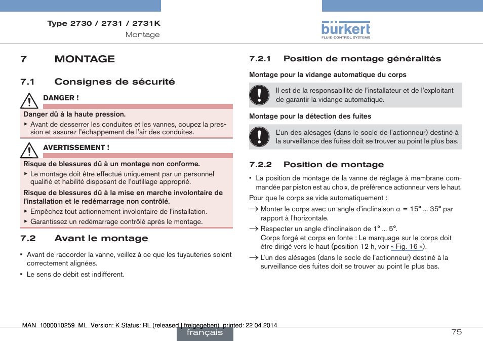 7 montage, 1 consignes de sécurité 7.2 avant le montage, 7montage | Burkert Type 2731 User Manual | Page 75 / 88