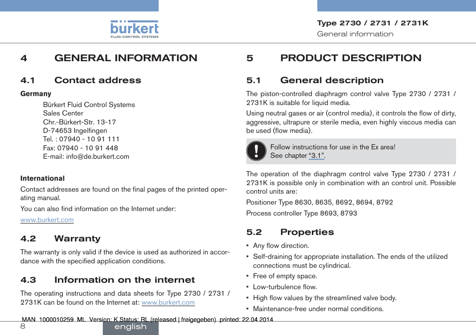 4 general information, 5 product description, 1 general description 5.2 properties | Burkert Type 2731 User Manual | Page 8 / 88