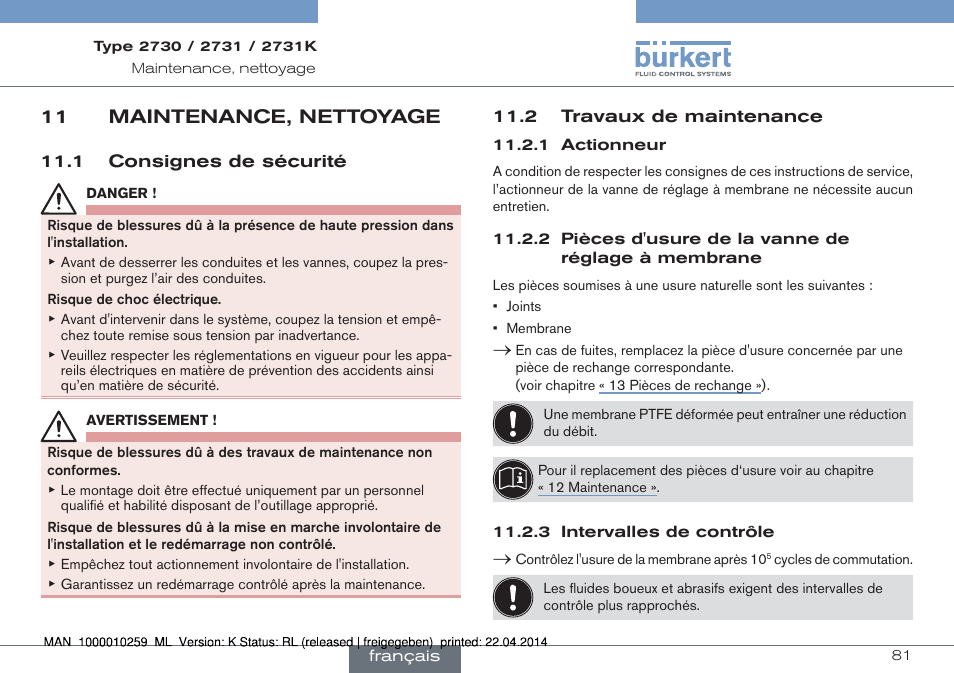 11 maintenance, nettoyage | Burkert Type 2731 User Manual | Page 81 / 88