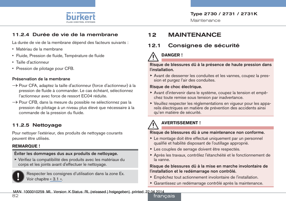 12 maintenance, 1 consignes de sécurité | Burkert Type 2731 User Manual | Page 82 / 88