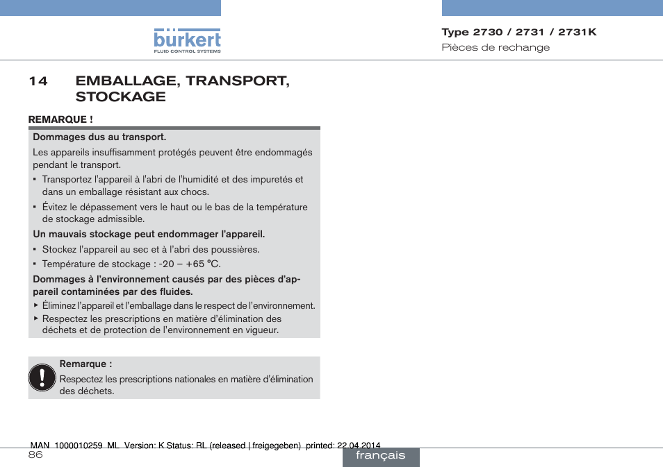 14 emballage, transport, stockage | Burkert Type 2731 User Manual | Page 86 / 88