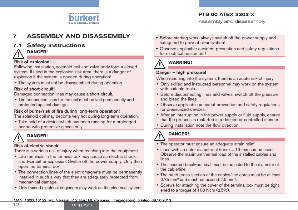 7 assembly and disassembly, 1 safety instructions | Burkert Type 2834 User Manual | Page 12 / 47