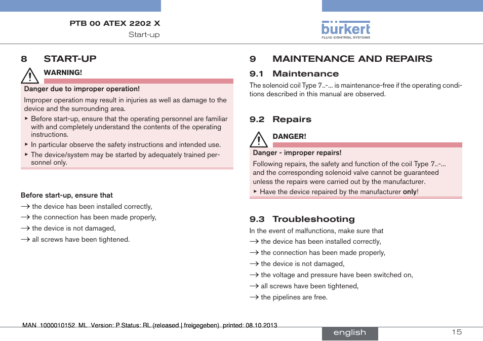 8 start-up, 9 maintenance and repairs, 1 maintenance 9.2 repairs 9.3 troubleshooting | Burkert Type 2834 User Manual | Page 15 / 47