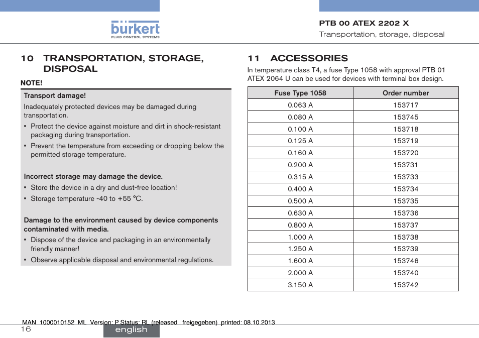 10 transportation, storage, disposal, 11 accessories | Burkert Type 2834 User Manual | Page 16 / 47