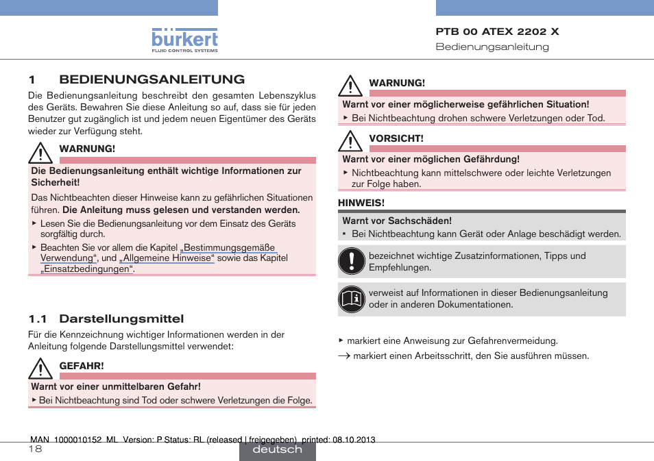 1 bedienungsanleitung, 1 darstellungsmittel | Burkert Type 2834 User Manual | Page 18 / 47