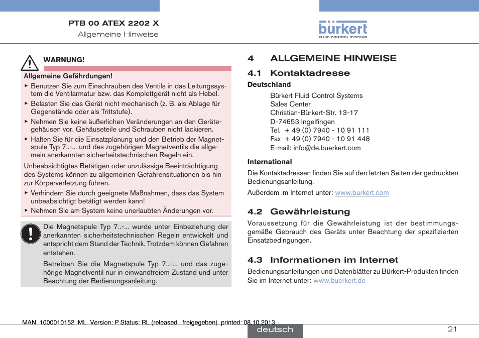 4 allgemeine hinweise, Allgemeine hinweise | Burkert Type 2834 User Manual | Page 21 / 47