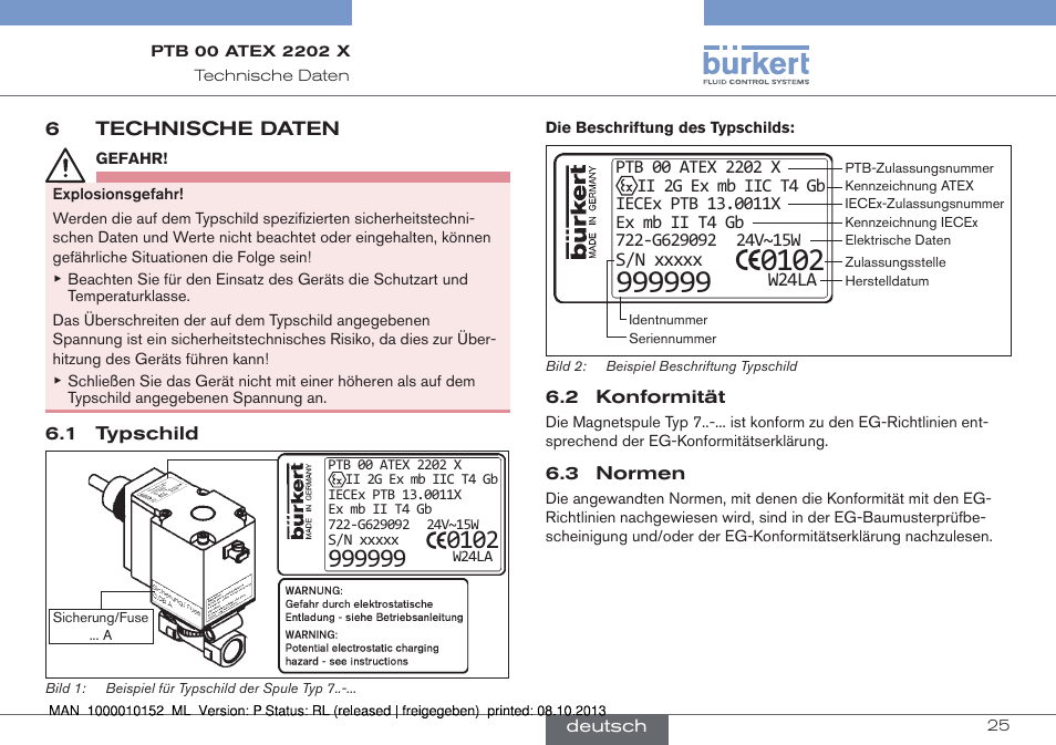 6 technische daten, 1 typschild 6.2 konformität 6.3 normen | Burkert Type 2834 User Manual | Page 25 / 47