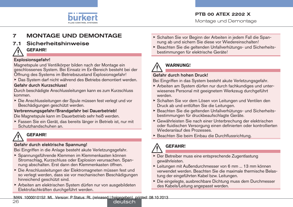 7 montage und demontage, 1 sicherheitshinweise | Burkert Type 2834 User Manual | Page 26 / 47