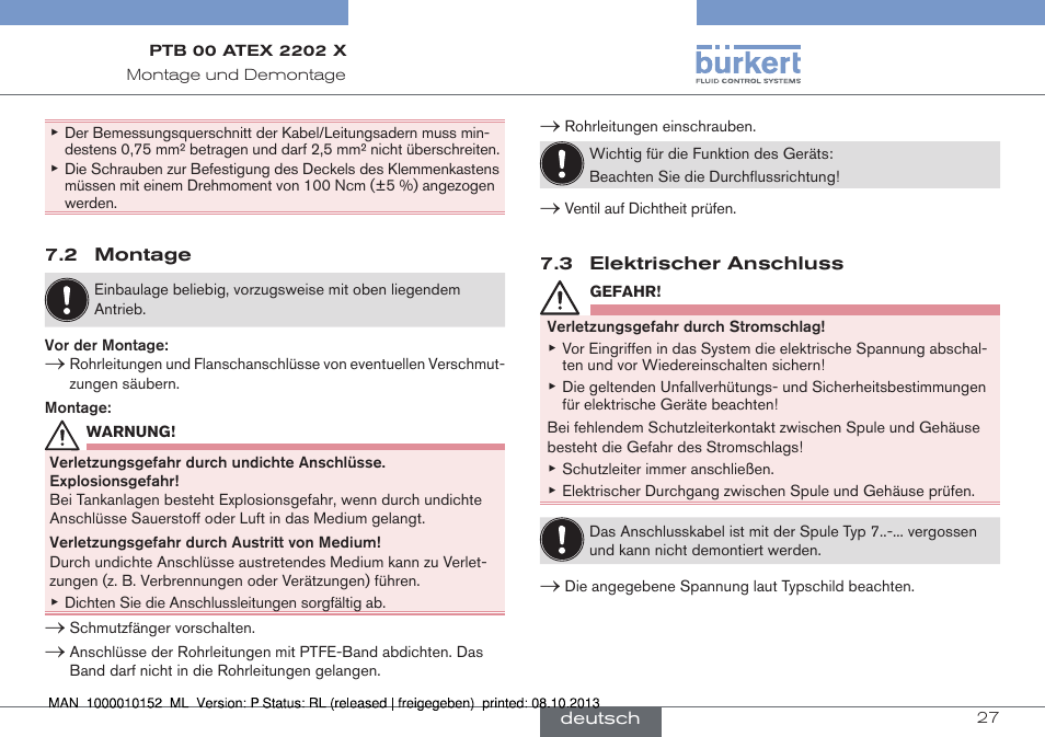 2 montage 7.3 elektrischer anschluss | Burkert Type 2834 User Manual | Page 27 / 47