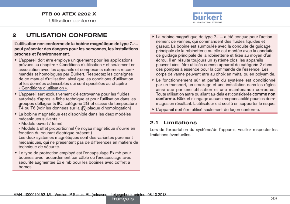 2 utilisation conforme, 1 limitations, Utilisation conforme | Burkert Type 2834 User Manual | Page 33 / 47