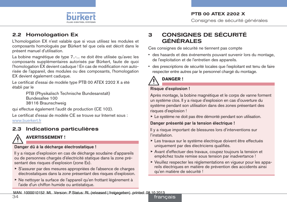 2 homologation ex 2.3 indications particulières, 3 consignes de sécurité générales | Burkert Type 2834 User Manual | Page 34 / 47