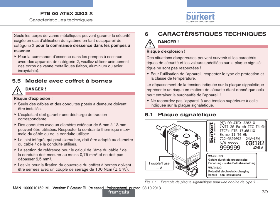 5 modèle avec coffret à bornes, 6 caractéristiques techniques, 1 plaque signalétique | Burkert Type 2834 User Manual | Page 39 / 47