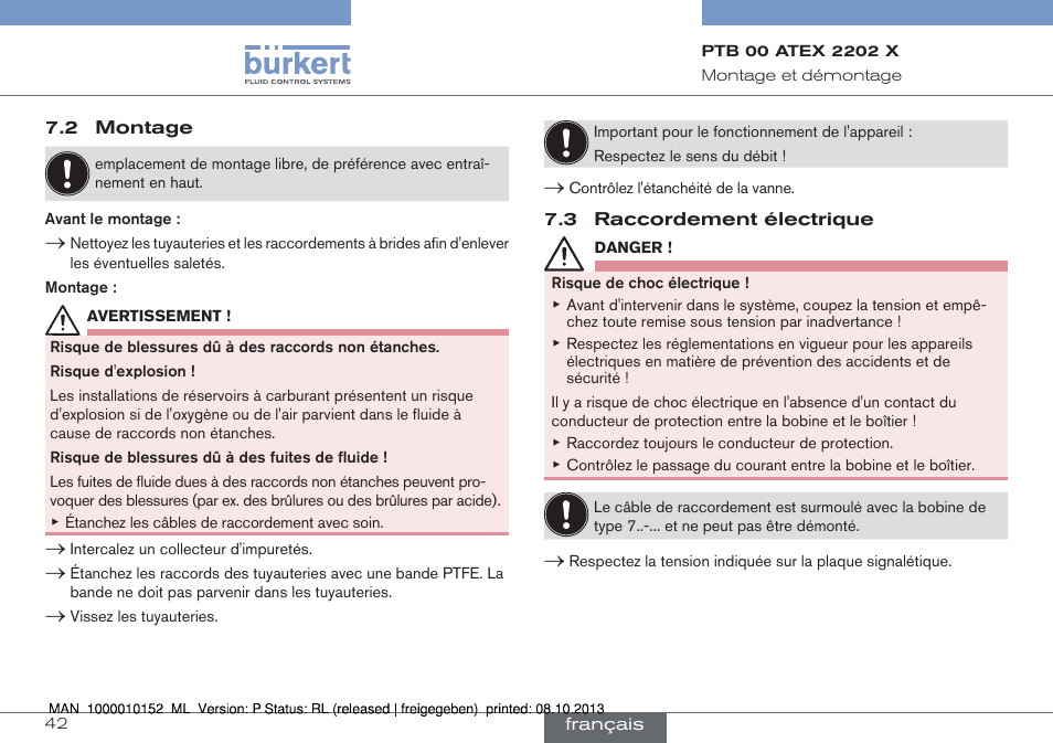 2 montage 7.3 raccordement électrique | Burkert Type 2834 User Manual | Page 42 / 47