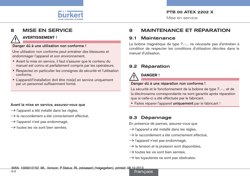 8 mise en service, 9 maintenance et réparation, 1 maintenance 9.2 réparation 9.3 dépannage | Burkert Type 2834 User Manual | Page 44 / 47