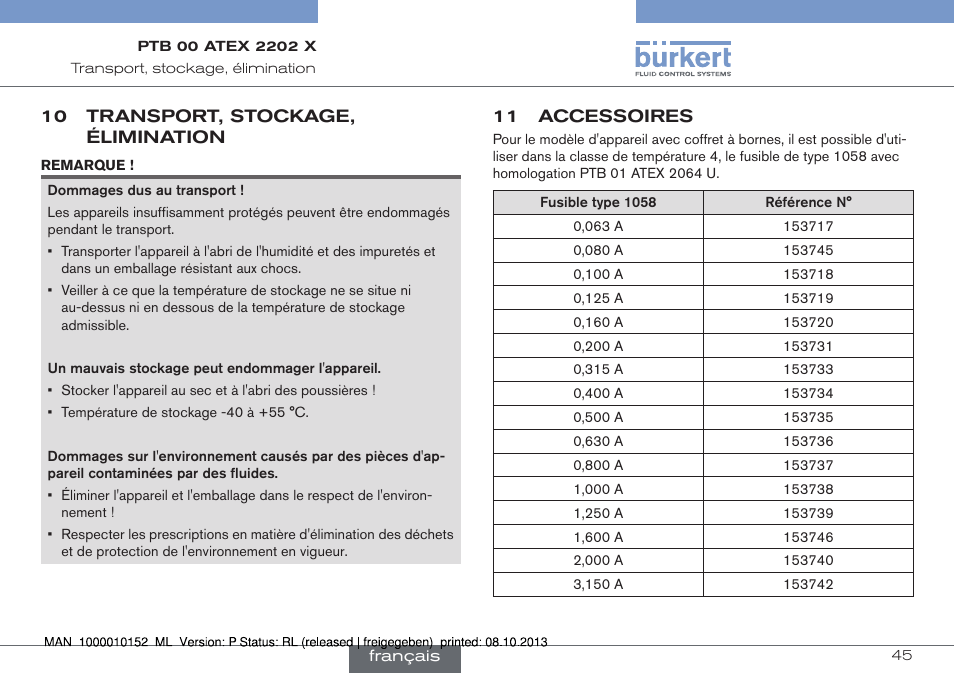 10 transport, stockage, élimination, 11 accessoires | Burkert Type 2834 User Manual | Page 45 / 47