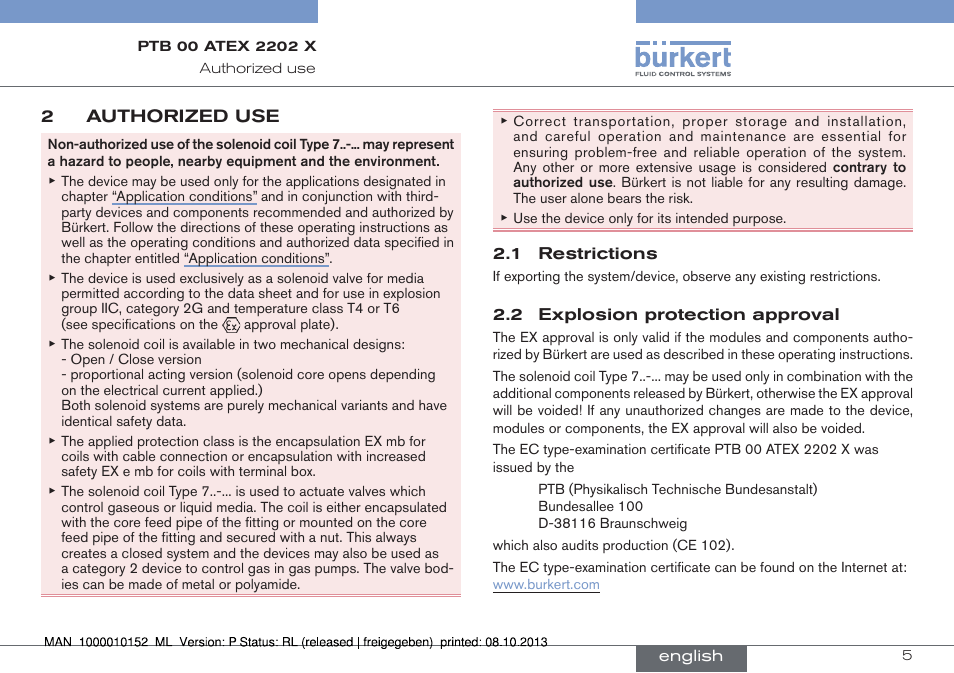 2 authorized use, 1 restrictions 2.2 explosion protection approval, Authorized use | Burkert Type 2834 User Manual | Page 5 / 47