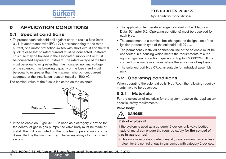 5 application conditions, 1 special conditions 5.2 operating conditions, Application | Conditions | Burkert Type 2834 User Manual | Page 8 / 47