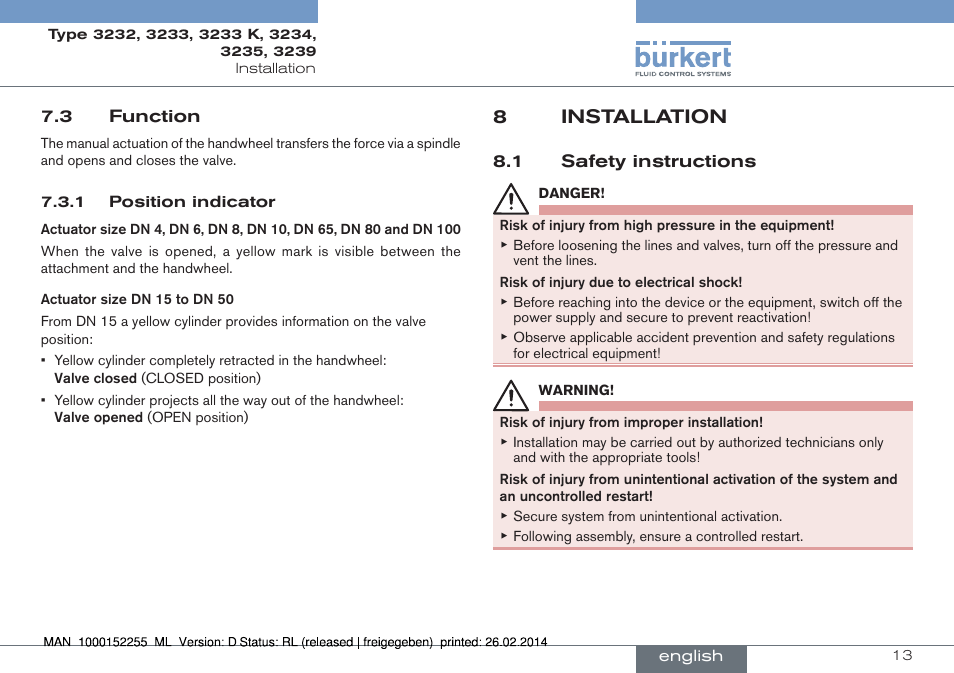 3 function, 8 installation, 1 safety instructions | 8installation | Burkert Type 3239 User Manual | Page 13 / 70