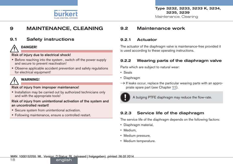 9 maintenance, cleaning, 1 safety instructions 9.2 maintenance work, 9maintenance, cleaning | Burkert Type 3239 User Manual | Page 18 / 70