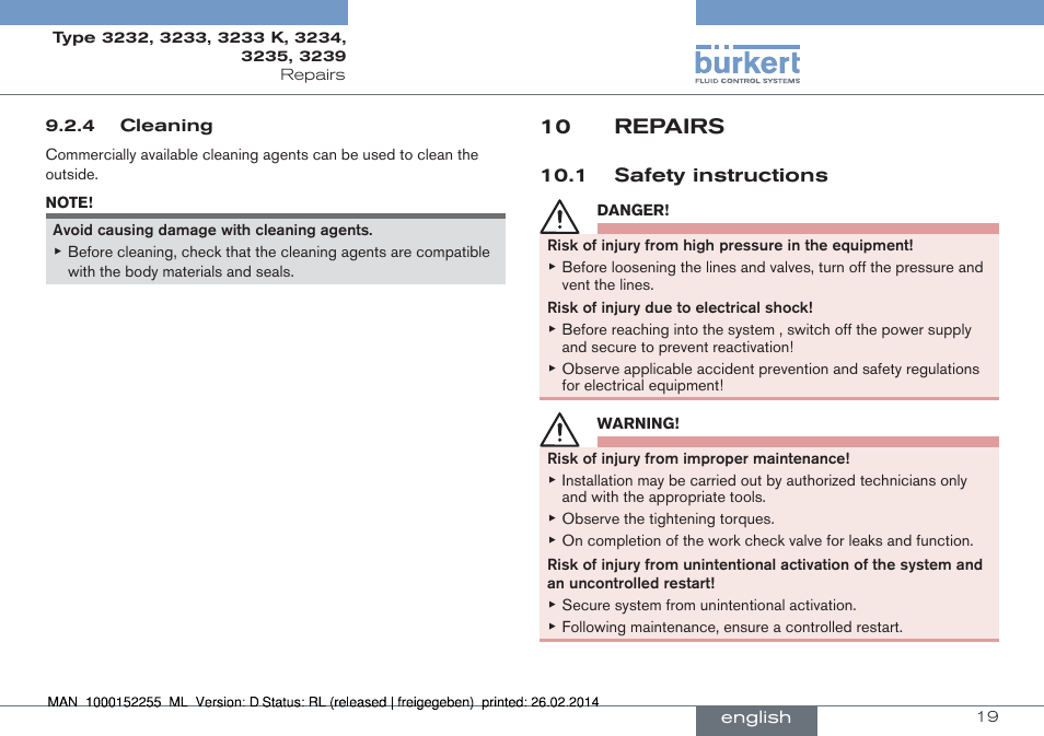 10 repairs, 1 safety instructions | Burkert Type 3239 User Manual | Page 19 / 70