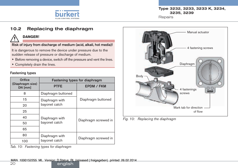 2 replacing the diaphragm | Burkert Type 3239 User Manual | Page 20 / 70