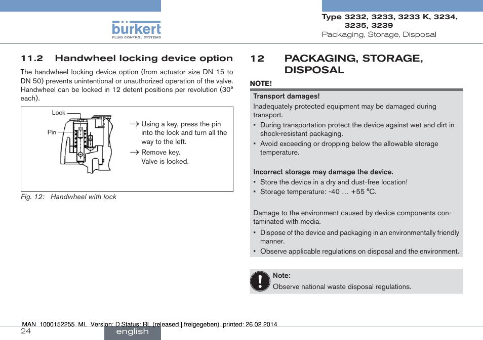 2 handwheel locking device option, 12 packaging, storage, disposal | Burkert Type 3239 User Manual | Page 24 / 70