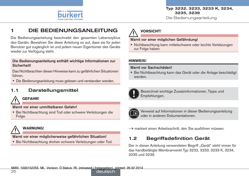 1 die bedienungsanleitung, 1 darstellungsmittel 1.2 begriffsdefinition gerät, 1die bedienungsanleitung | Burkert Type 3239 User Manual | Page 26 / 70