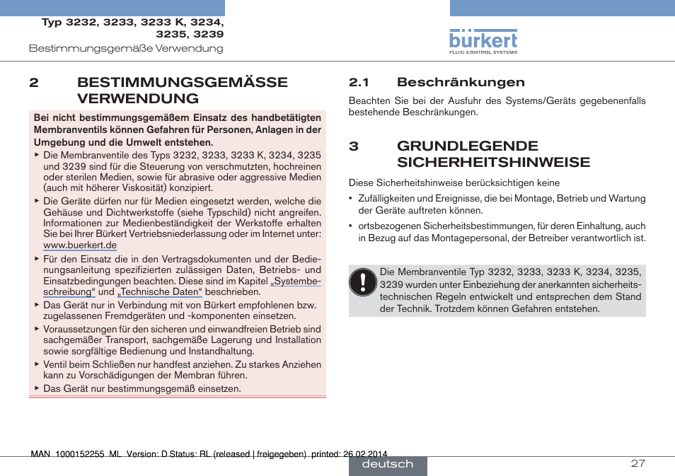 2 bestimmungsgemässe verwendung, 1 beschränkungen, 3 grundlegende sicherheitshinweise | 2bestimmungsgemässe verwendung, 3grundlegende sicherheitshinweise | Burkert Type 3239 User Manual | Page 27 / 70