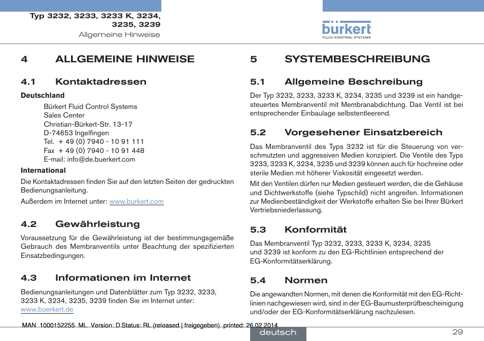 4 allgemeine hinweise, 5 systembeschreibung | Burkert Type 3239 User Manual | Page 29 / 70