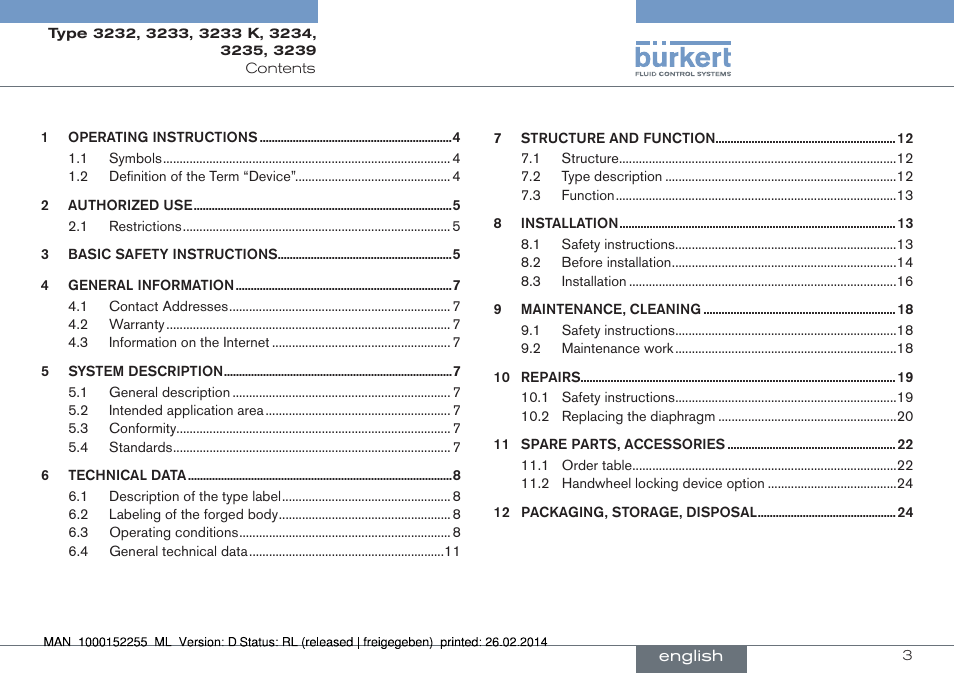 English | Burkert Type 3239 User Manual | Page 3 / 70