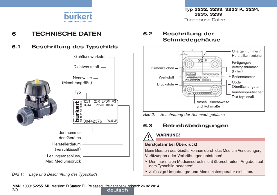 6 technische daten, 6technische daten | Burkert Type 3239 User Manual | Page 30 / 70