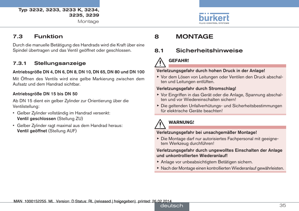 3 funktion, 8 montage, 1 sicherheitshinweise | 8montage | Burkert Type 3239 User Manual | Page 35 / 70