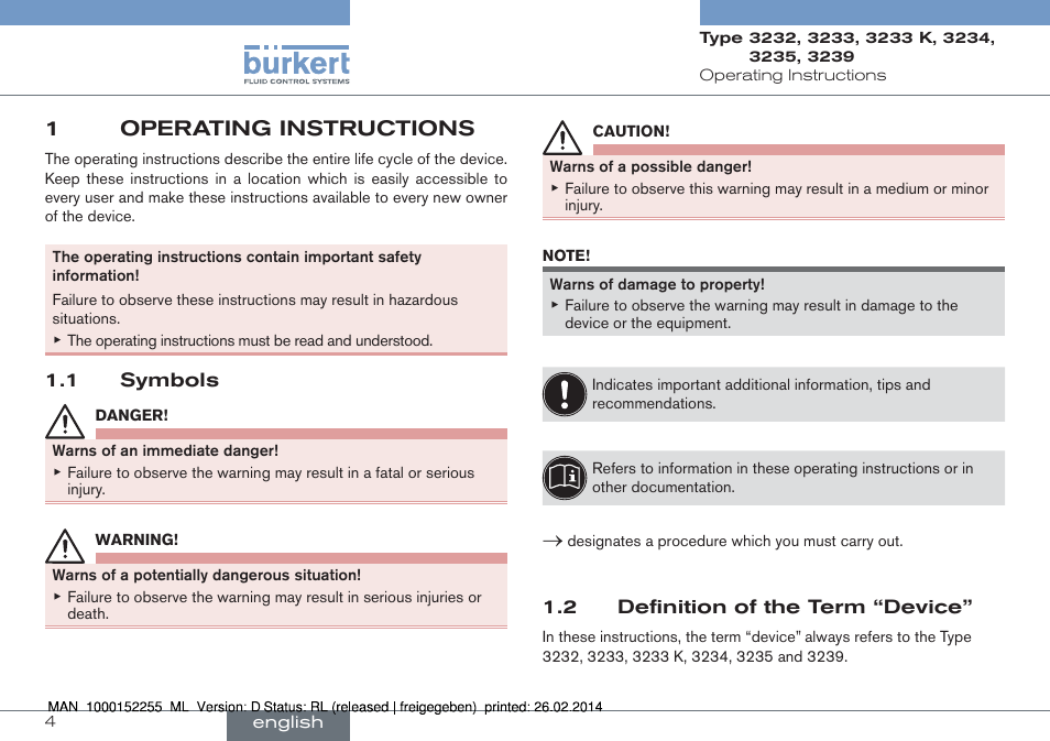 1 operating instructions, 1 symbols 1.2 definition of the term “device, 1operating instructions | Burkert Type 3239 User Manual | Page 4 / 70